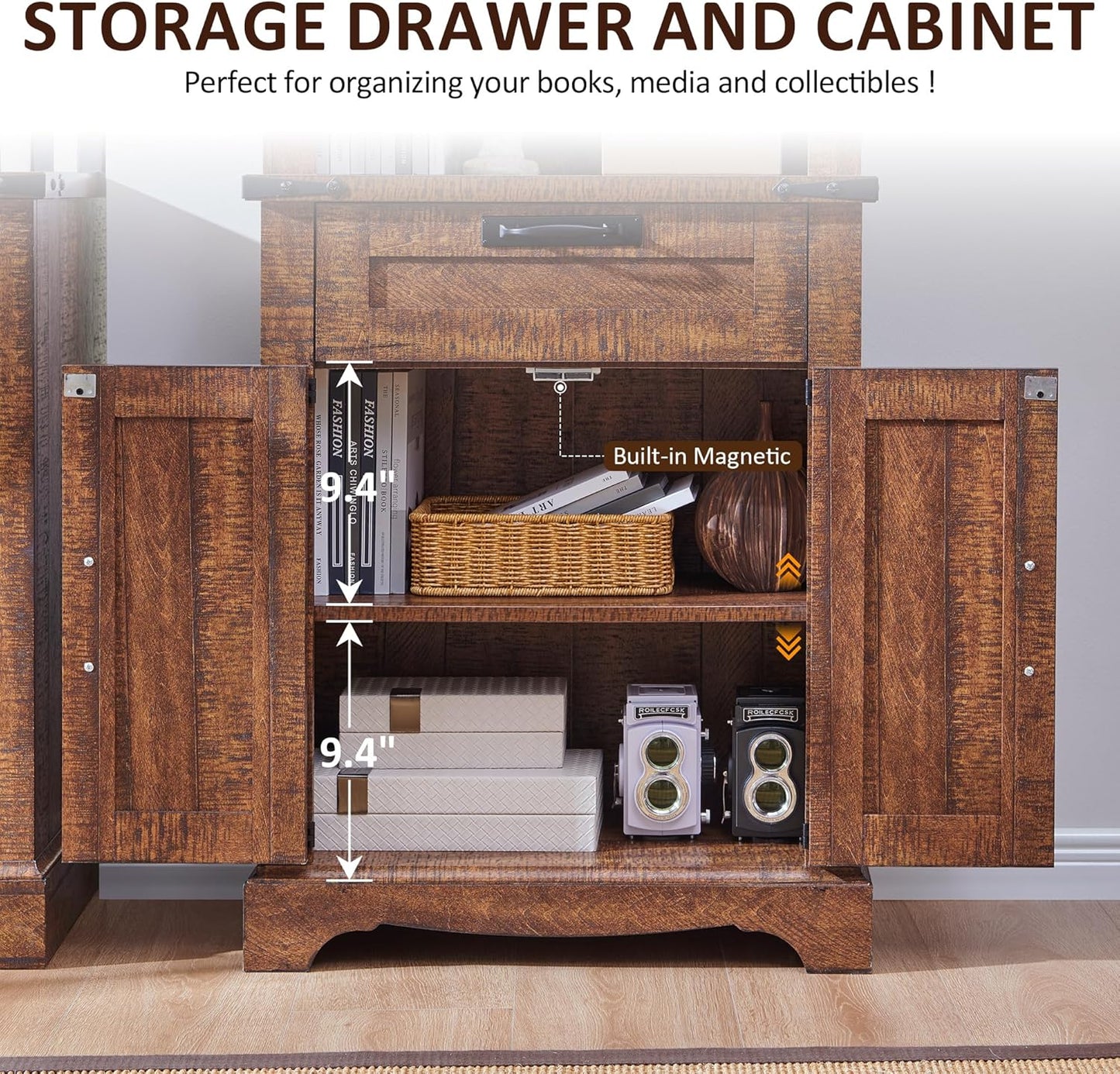 OKD 72'' Tall Bookshelf with Storage, Farmhouse 4 Tier Bookcase w/Barn Door, Adjustable Shelves and Drawers, Rustic Wooden Office Bookshelves for Home, Living Room, Library (Reclaimed Barnwood Color)