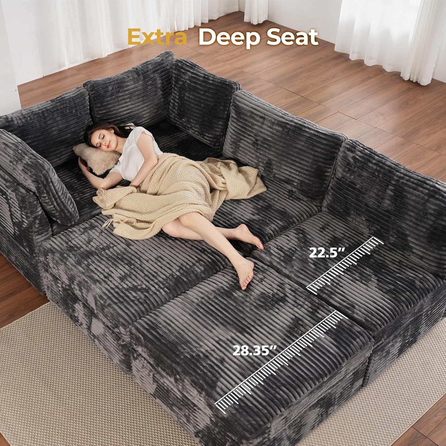 HOOOWOOO Modular Sectional Sofa,6 Pieces Sectional Couches for Living Room,131X66 L Shaped Cloud Couch with Ottoman Chaise Set(Grey Velvet Corduroy)