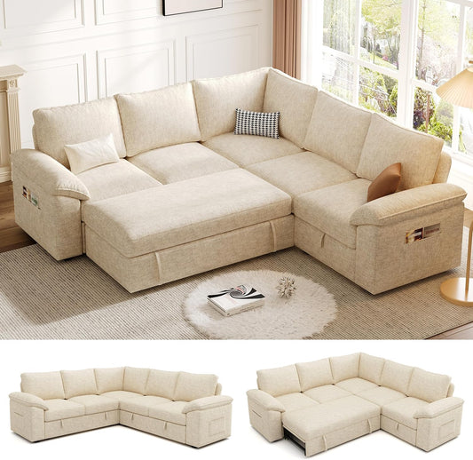 85 Inch Sectional Sleeper Sofa with Pull Out Bed,L Shaped 5 Seat Modular Sectional Sofa with Storage,Sectional Couches for Living Room,Cloud Modular Couch,Removable Sofa Cover,Beige