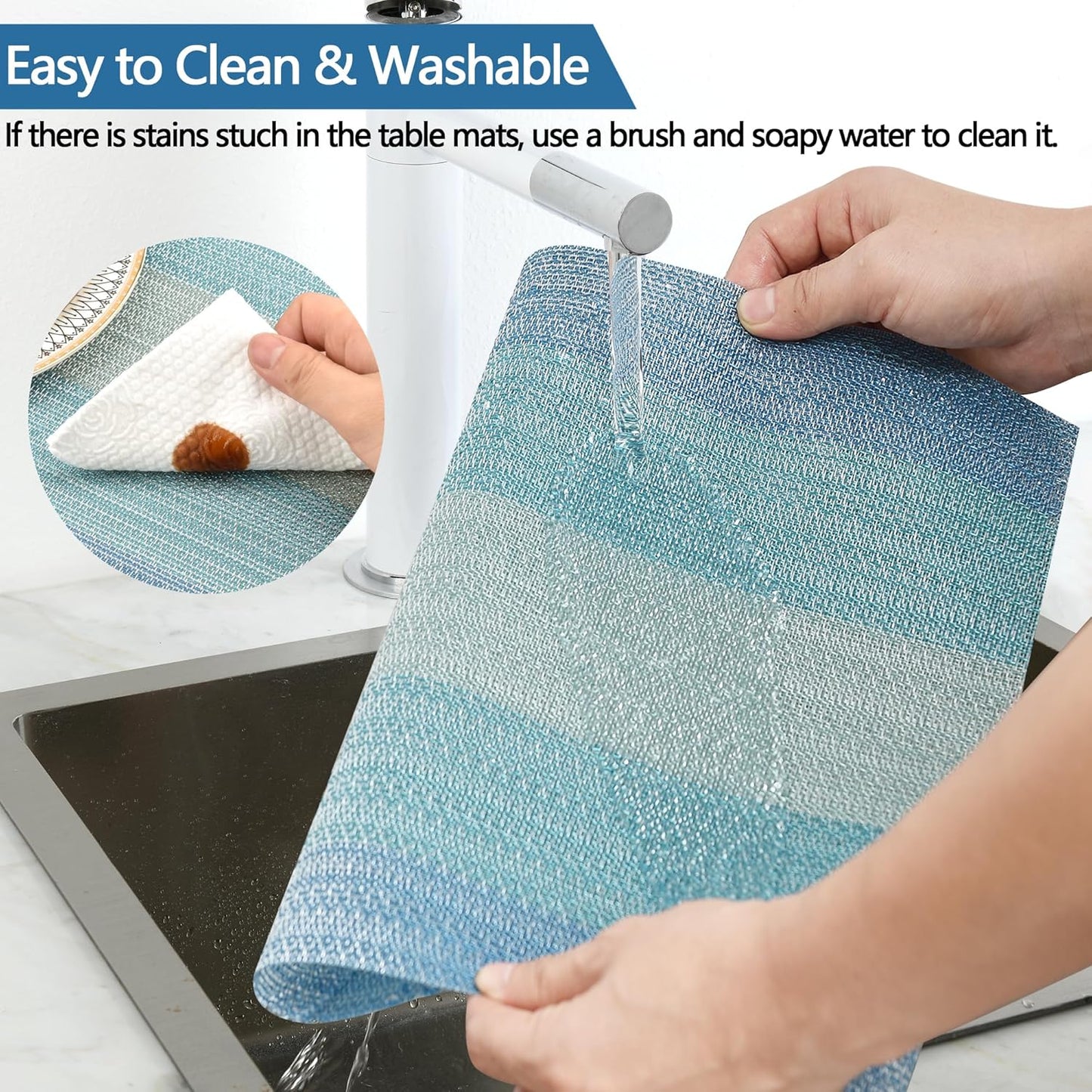 Placemats Set of 4 - Easy Clean Washable Vinyl Placemats - Wipeable Heat Resistant Table Mats for Dining Table - 17.7x11.8 Inch (4, Blue Gradient)