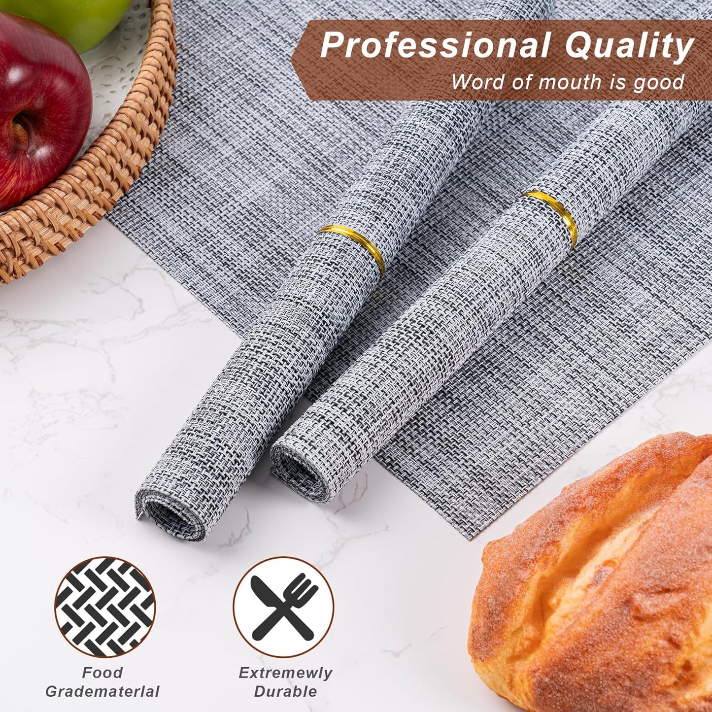 Placemats Set of 6 Washable Indoor/Outdoor Vinyl Place Mats for Dining Table Durable Non-Slip Heat Resistant PVC Weave Table Mats(Black)