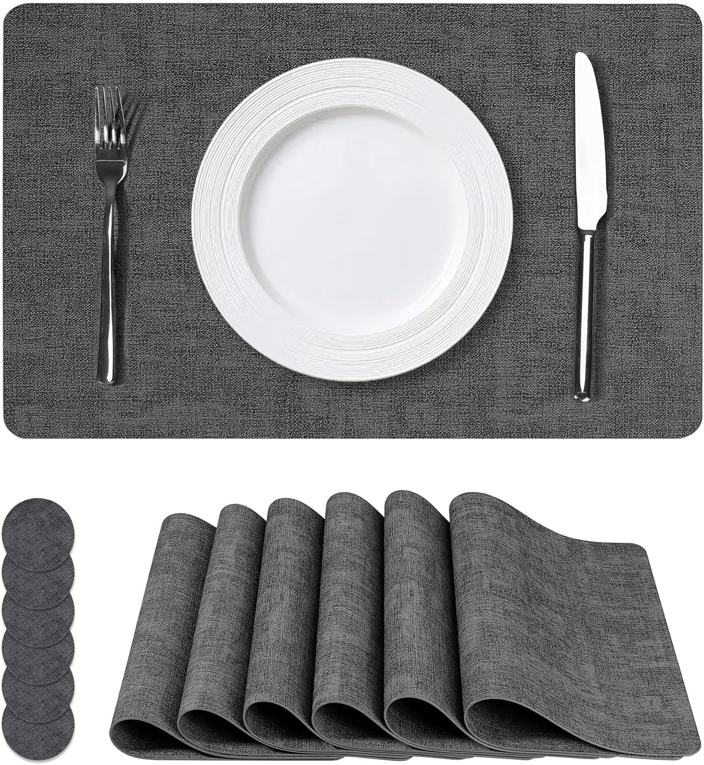 Vinyl Placemats Set of 6, Faux Leather Waterproof and Heat Resistant Place Mats, Washable Anti-Slip Table Mats with Coaster, Wipeable Placemats for Indoor & Outdoor 17" x 12" (Black, Set of 6)