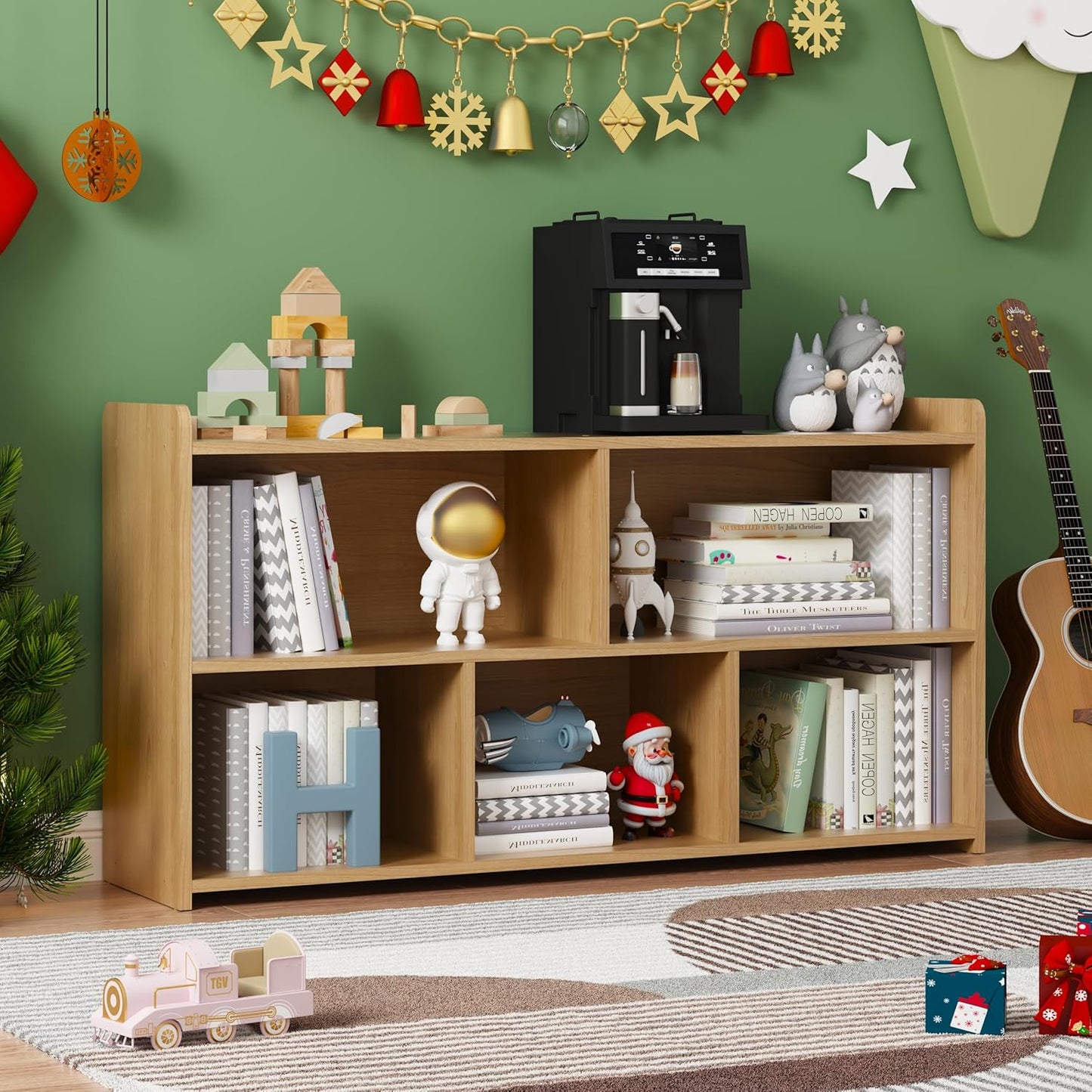 Book Shelf, 5 Cubes Storage Organizer, Open Shelf Wooden Bookcase, Freestanding Log Bookshelf Cube Shelf for Bedroom, Living Room, Home Office