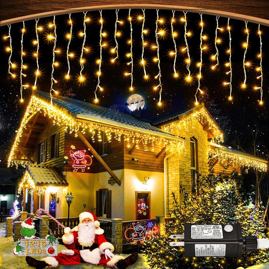 Warm White Christmas Lights Outdoor - 99ft 1216 LED 8 Modes Hanging Dripping Icicle String Lights with 228 Drops, Plug in Waterproof Timer Memory for House Home Holiday Yard Wedding Party Indoor