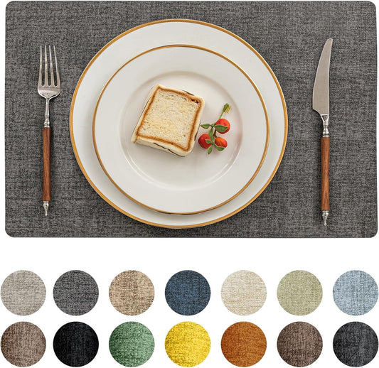 Romanstile Vinyl Placemats Set of 6-12 X 18 Inch - Heat Resistant Place Mats 100% Waterproof Oilproof Wipeable Reversible Faux Leather Table Mats for Kitchen/Dining/Party/Holiday, Dark Grey