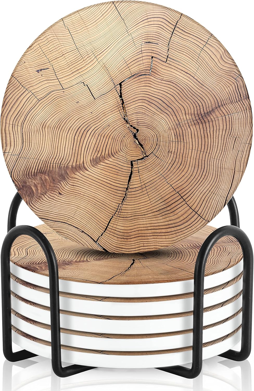 Emerson Coasters for Drinks Absorbent – Natural Stone Drink Coasters Set with Holder, Coasters for Coffee Table, Wooden Tabletop Protection Marble Style – 100% Heavy Duty Set of 6 (Wood)