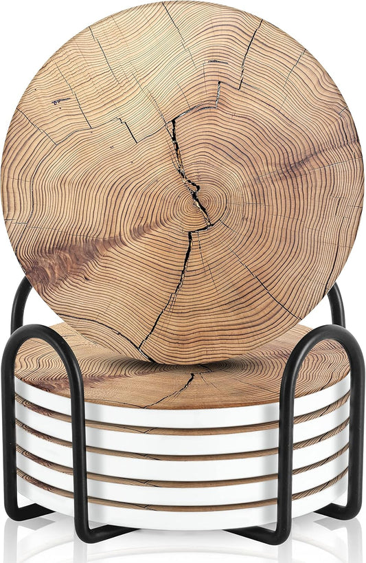 Emerson Coasters for Drinks Absorbent – Natural Stone Drink Coasters Set with Holder, Coasters for Coffee Table, Wooden Tabletop Protection Marble Style – 100% Heavy Duty Set of 6 (Wood)