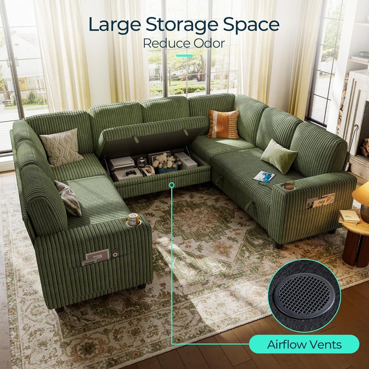 LINSY HOME Sectional Sleeper Sofa with Pull Out Couch Bed - Convertible Plush Corduroy Cloud Couch with Storage Chaise & USB Charging, Comfy Modular Couches for Living Room, Green