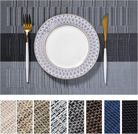 LEXMORE Placemats Set of 8 Vinyl/Plastic Woven Place Mats for Kitchen Table Indoor/Outdoor Washable Placemat Wipeable Dining Table Mats(Silver Gray Black)
