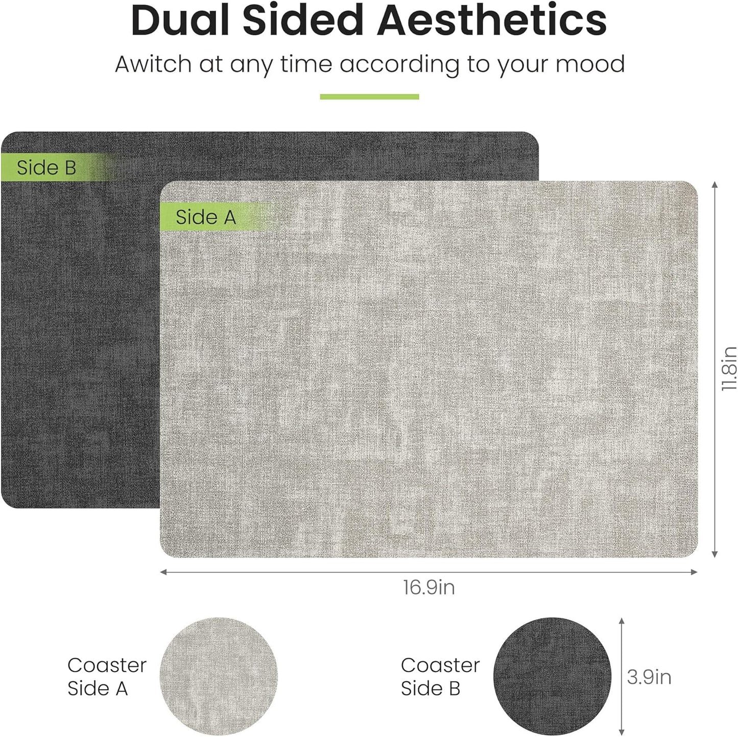 Faux Leather Dual Sided Placemats Set of 6, Square Non-Slip Heat Resistant Placemats with Coaster, Reversible wipeable Waterproof Table Mats for Kitchen, Dining, Outdoor (6, Black Light Gray)