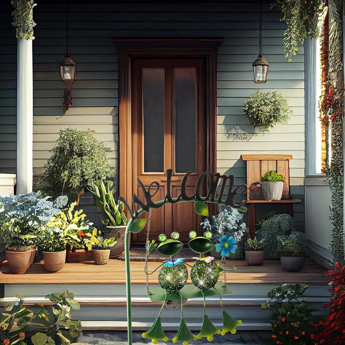 Frog Solar Light Garden Outdoor Decoration Swing Metal Stake Lamp with Welcome Sign Waterproof Patio Yard Decor Gifts-48 inch