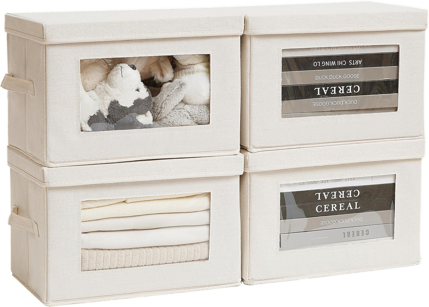 Citylife 4-Pack Storage Bins with Lids, Fabric Foldable Storage Bins with Soft Cord Handles, Cube Closet Storage Baskets with Lids, Organizers for Organizing Clothes and Books, Beige