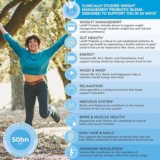 Health & Her Weight Management Probiotic | Perimenopause & Menopause - Clinically Studied 50bn CFU probiotic to Support Gut Health, Energy, Mood & Mind. 1 Month Supply - 60 Vegan Tablets
