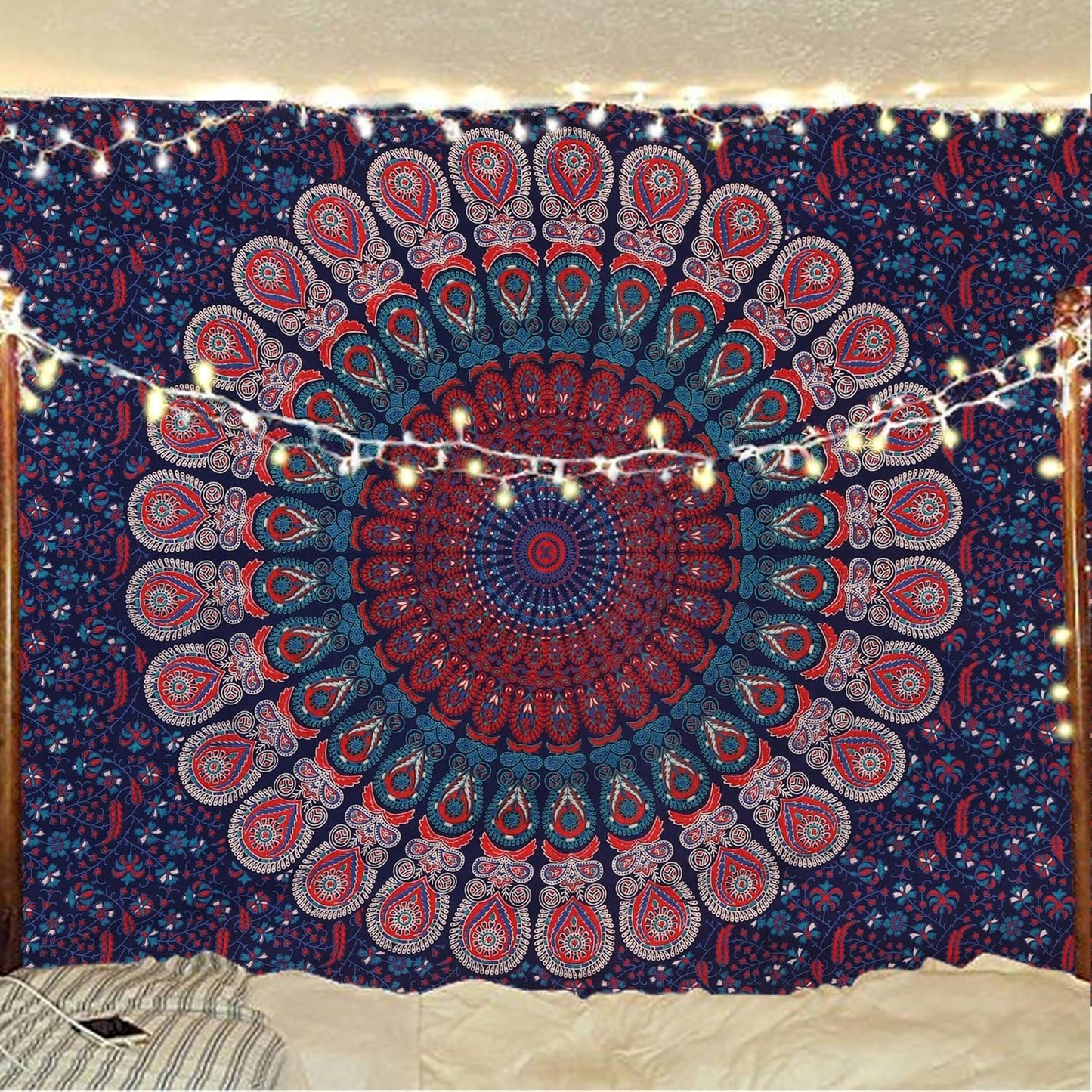 Bless International Handmade Indian hippie Bohemian Psychedelic Peacock Mandala Wall hanging College Dorm Beach Throws Table Cloth Bedding Tapestry (Midnight Blue, Medium(54x60Inches)(137x152cms))