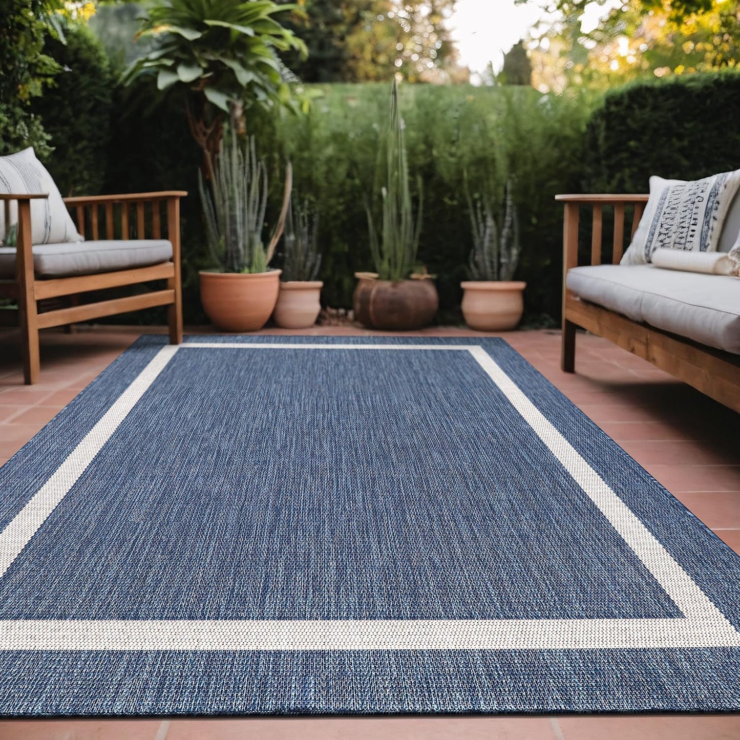 Bordered Outdoor Rug 9x12 Washable Outside Carpet for Indoor Patio Porch Waterproof Easy Cleaning Non Shedding Area Rugs Blue 9 x 12