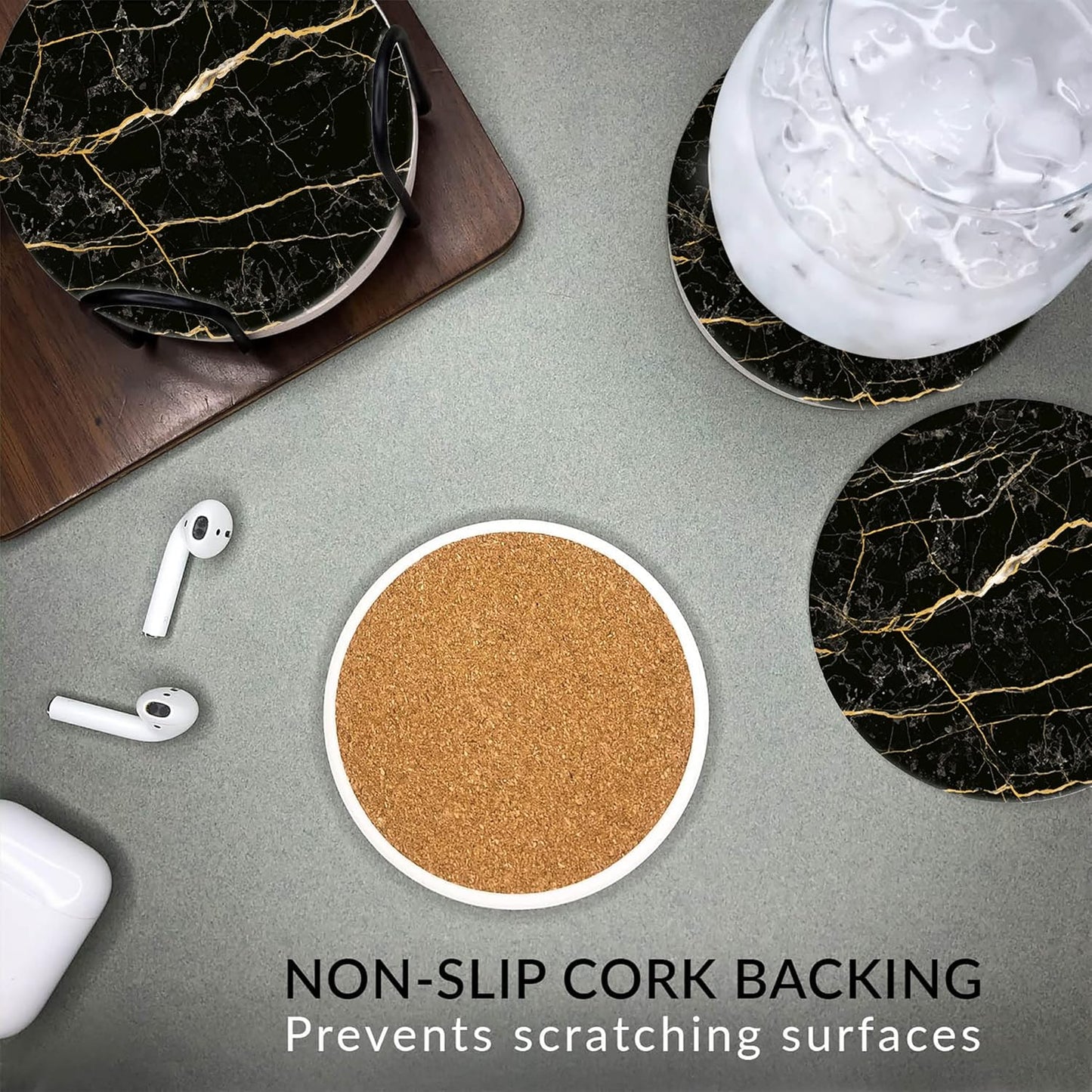 Emerson Coasters for Drinks Absorbent – Natural Stone Drink Saucers Set with Holder, Coasters for Coffee Table, Wooden Tabletop Protection Marble Style – 100% Heavy Duty Set of 6 (Streak)