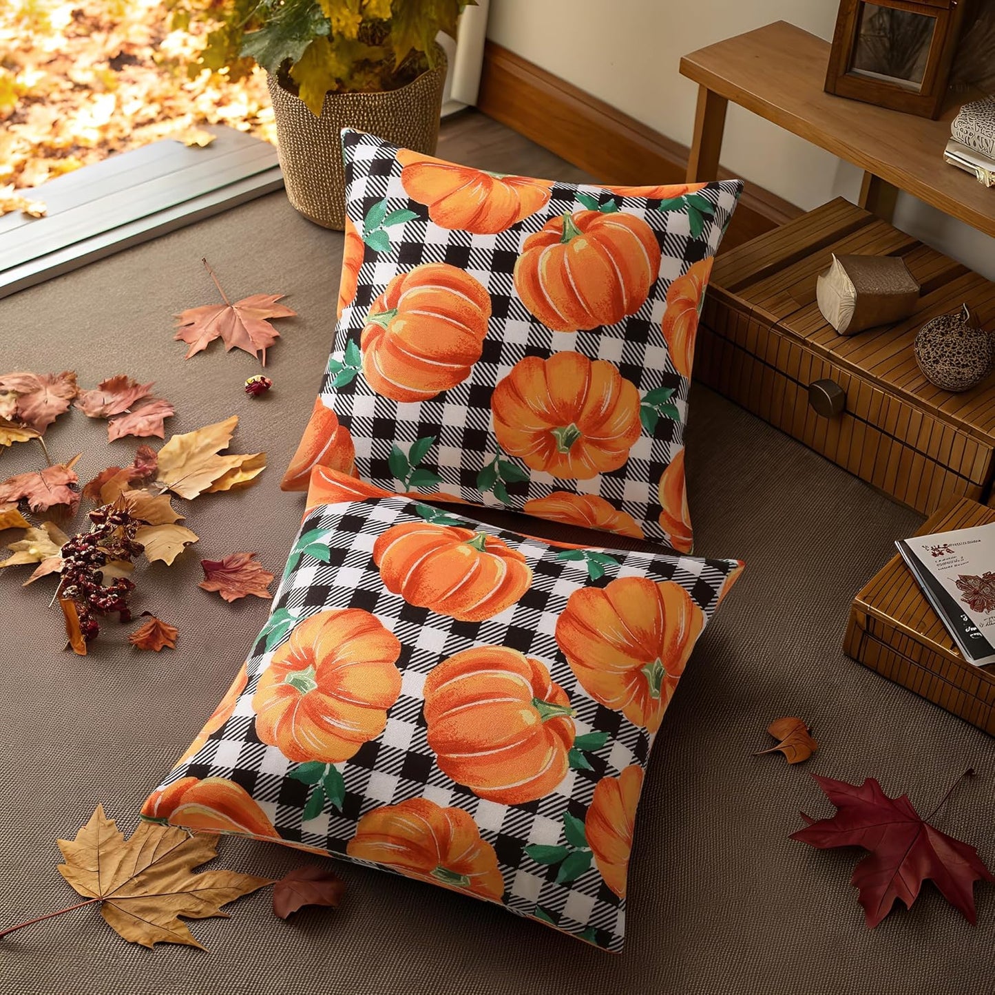 decorUhome Fall Orange Pumpkin Decorative Throw Pillow Covers 16x16 Set of 2, Buffalo Plaid Check Farmhouse Cushion Covers for Autumn Harvest Couch Sofa Bed Home Decor