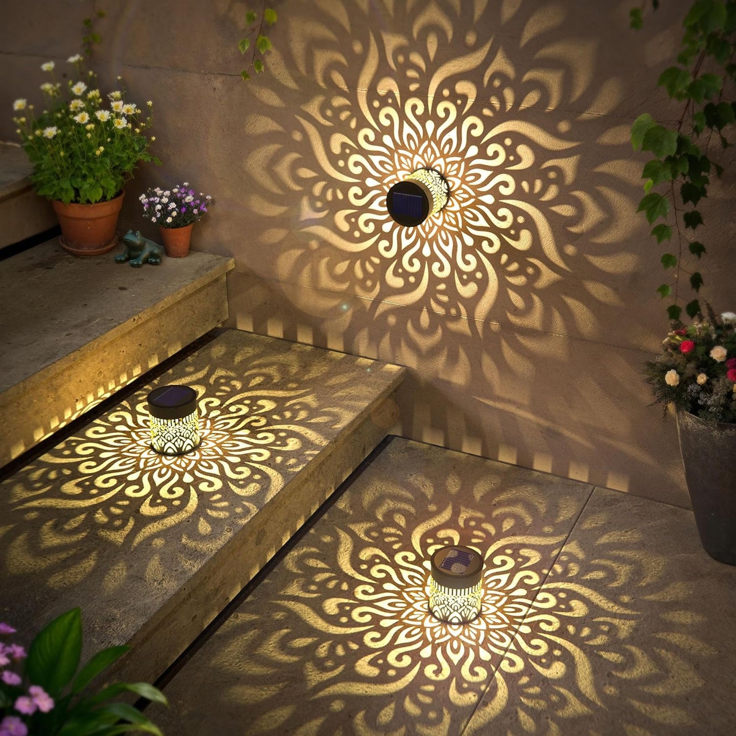 2 Pack Large Solar Fence Lights Metal Solar Powered Outdoor Wall Deck Step Lights Mandala Theme Waterproof Fence Light for Garden Post Patio Backyard Yard Decor, Gardening Gifts for Women Mom Grandma