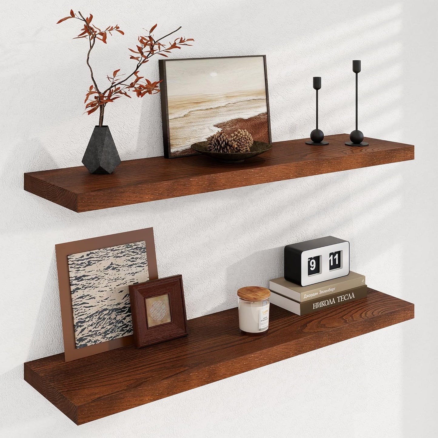 Fun Memories Solid Oak Wood Floating Shelves, 9.3 Inch Deep Natural Wood Shelf with Invisible Heavy Duty Bracket for Bathroom Bedroom Kitchen - 36inch Set of 2, Walnut