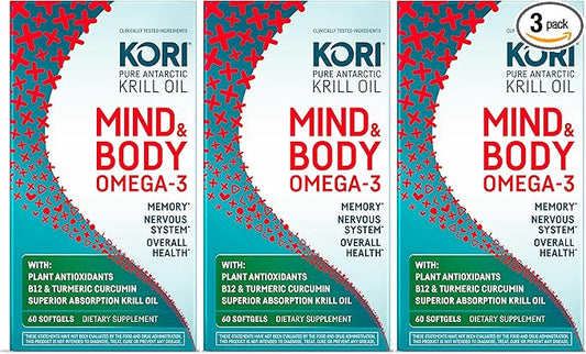 Kori Krill Kori Mind & Body Omega-3 Oil 3, Brain B12, Tumeric 80 Softgels (3 pack)