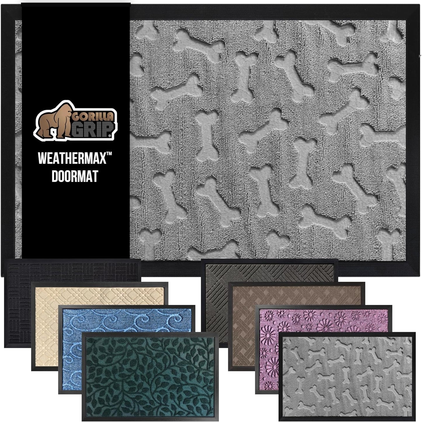 GORILLA GRIP 100% Waterproof All-Season WeatherMax Doormat, 47x35, US Designed Natural Rubber, Stain and Fade Resistant, Low Profile Indoor Outdoor Door Mats, Easy Clean Patio Mat, Light Gray Bones