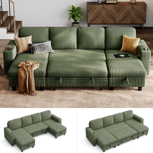 LINSY HOME Sectional Sleeper Sofa with Pull Out Couch Bed - Convertible Plush Corduroy Cloud Couch with Storage Chaise & USB Charging, Comfy U Shaped Modular Couches for Living Room, Green