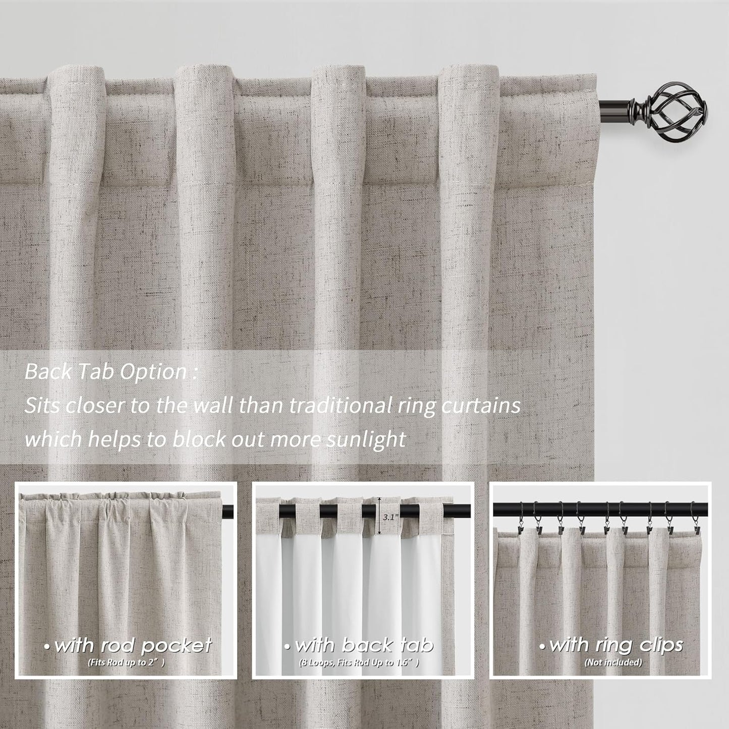 BOODII 108 Inch Black Out Curtains 2 Panels Set Back Tab Thermal Insulated Neutral Linen Textured Blackout Curtains Noise Reducing Living Room Darkening Window Drapes Pleated Greige Taupe 52x108