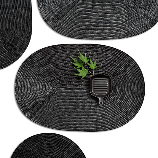 AHHFSMEI Placemats Set of 6 for Dining Table Washable Woven Vinyl Non-Slip 18x12 inches Placemat Heat-Resistant Durable Table Mats for Dining Table Easy to Clean (Oval Black, 6)