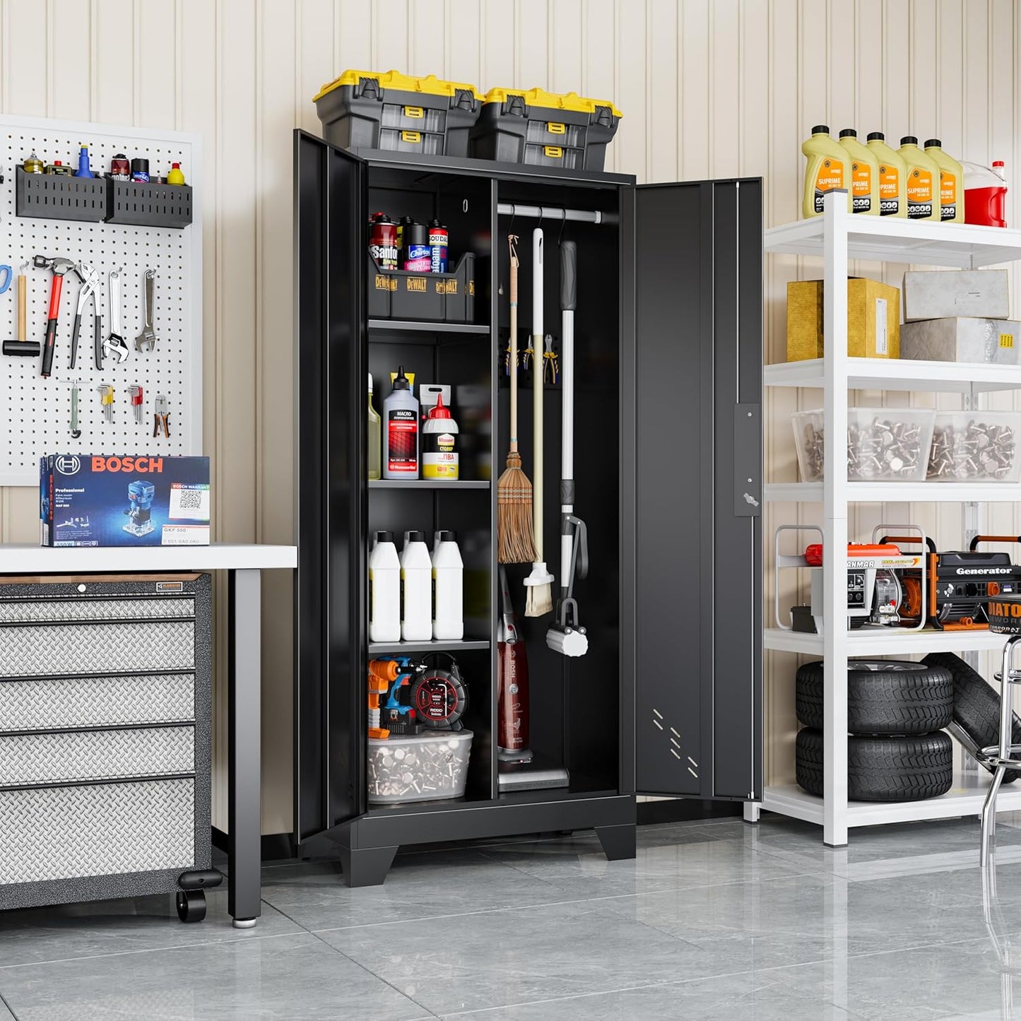 61" Broom Closet Storage Cabinet, Metal Storage Cabinet with Doors, Utility Cabinets for Brooms and Mops, Cleaning Tool Cabinets for Garage, Laundry Room, Bathroom