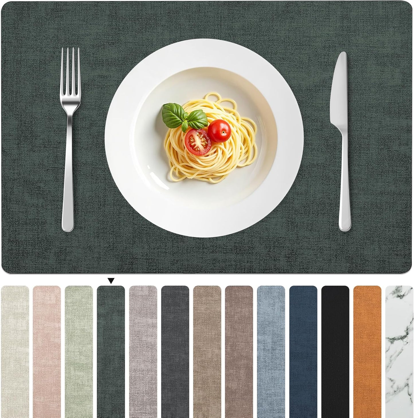 FROMHEART Faux Leather Placemats Set of 6–Waterproof,Heat/Oil Stain-Resistant PU Table Mat–Reversible,Non-Slip,Easy to Clean Place Mats for Kitchen,Dining,Indoor/Outdoor,(Dark Green,11.8" x 17")