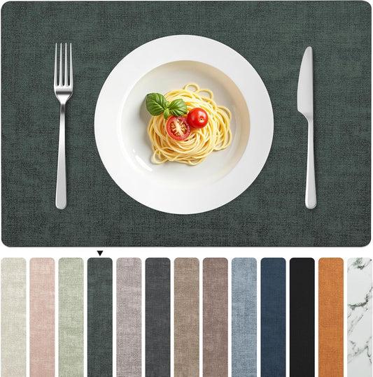 FROMHEART Faux Leather Placemats Set of 6–Waterproof,Heat/Oil Stain-Resistant PU Table Mat–Reversible,Non-Slip,Easy to Clean Place Mats for Kitchen,Dining,Indoor/Outdoor,(Dark Green,11.8" x 17")