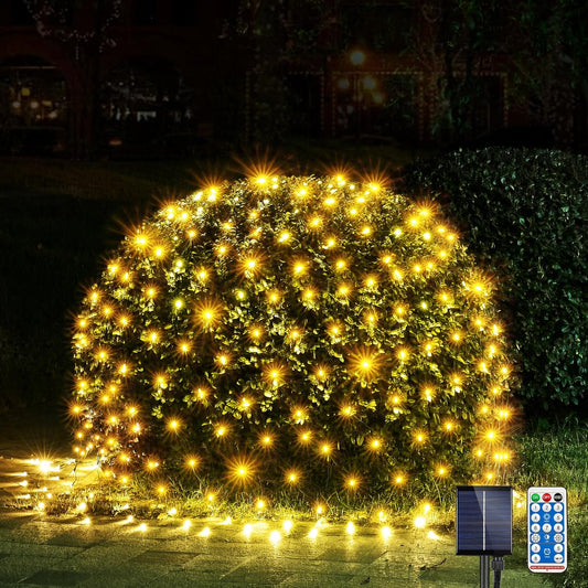 WBao Solar Christmas Lights Outdoor 200LED 8.4ft x 5.2ft Christmas Net Lights with Remote, 8 Lighting Modes, Timer, Waterproof for Lawn, Bushes, Shrubs, Trees Outdoor Christmas Decorations, Warm White