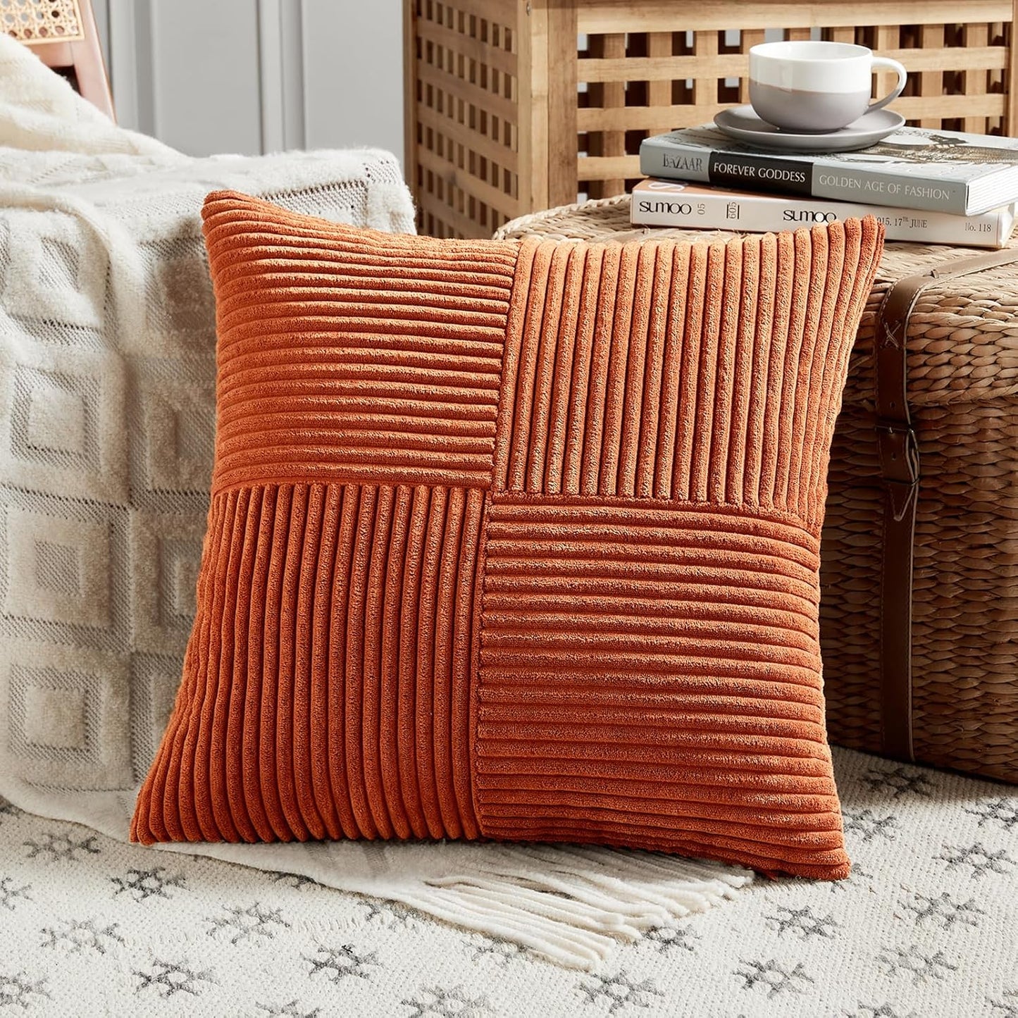 Fancy Homi Set of 2 Burnt Orange Decorative Throw Pillow Covers 28x28 Inch for Living Room Couch Bed, Boho Farmhouse Fall Home Decor, Soft Corss Corduroy Patchwork Textured Cushion Case 71x71 cm