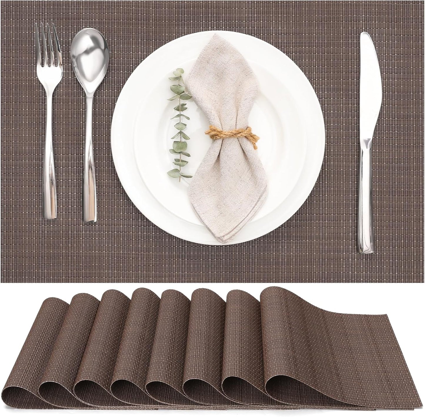 Myir JUN Placemats Set of 8, Vinyl Woven Placemats Place Mats Indoor Set of 8 Washable Table Mats Non-Slip Place mats for Dining Table (Coffee, Set of 8)