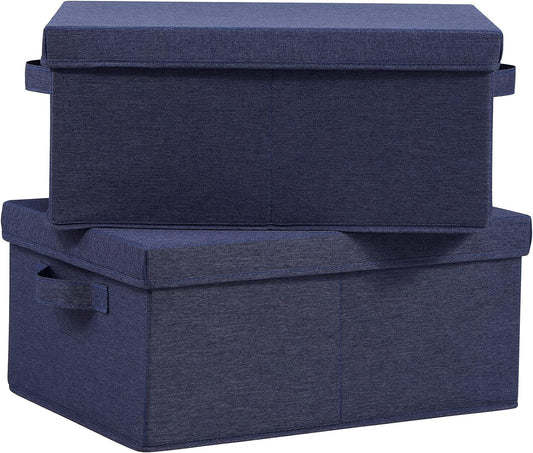 HOONEX Foldable Storage Bins with Lids, Pack of 2, Storage Boxes with 2 Carrying Handles and Heavy Cardboard, 16.5" L x 11.8" W x 7.5" H for Shoes, Clothes, Blue