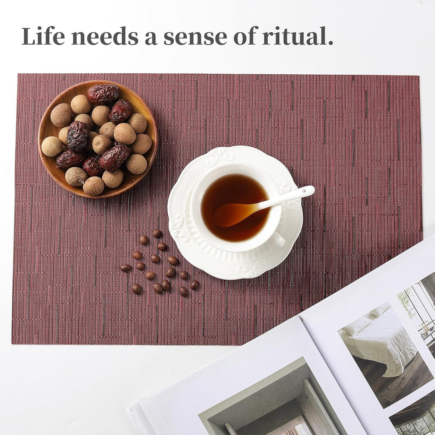 Leetaltree Burgundy Placemats Set of 8 - Heat Resistant Non-Slip Place mats for Dining Table, Washable Durable PVC Vinyl Woven Table Mats（Burgundy, 8）