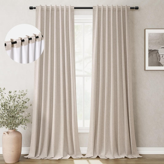 BOODII Oatmeal 120 Inch Long Blackout Curtains for Living Room Linen Blend Back Tab Neutral Modern Room Darkening Curtains Thermal Insulated Black Out Curtain for High French Window Warm Taupe