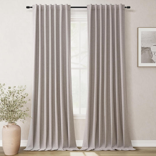 BOODII 108 Inch Black Out Curtains 2 Panels Set Back Tab Thermal Insulated Natural Linen Textured Blackout Curtains Noise Reducing Brownish Grey Neutral Living Room Darkening Window Drapes 52x108