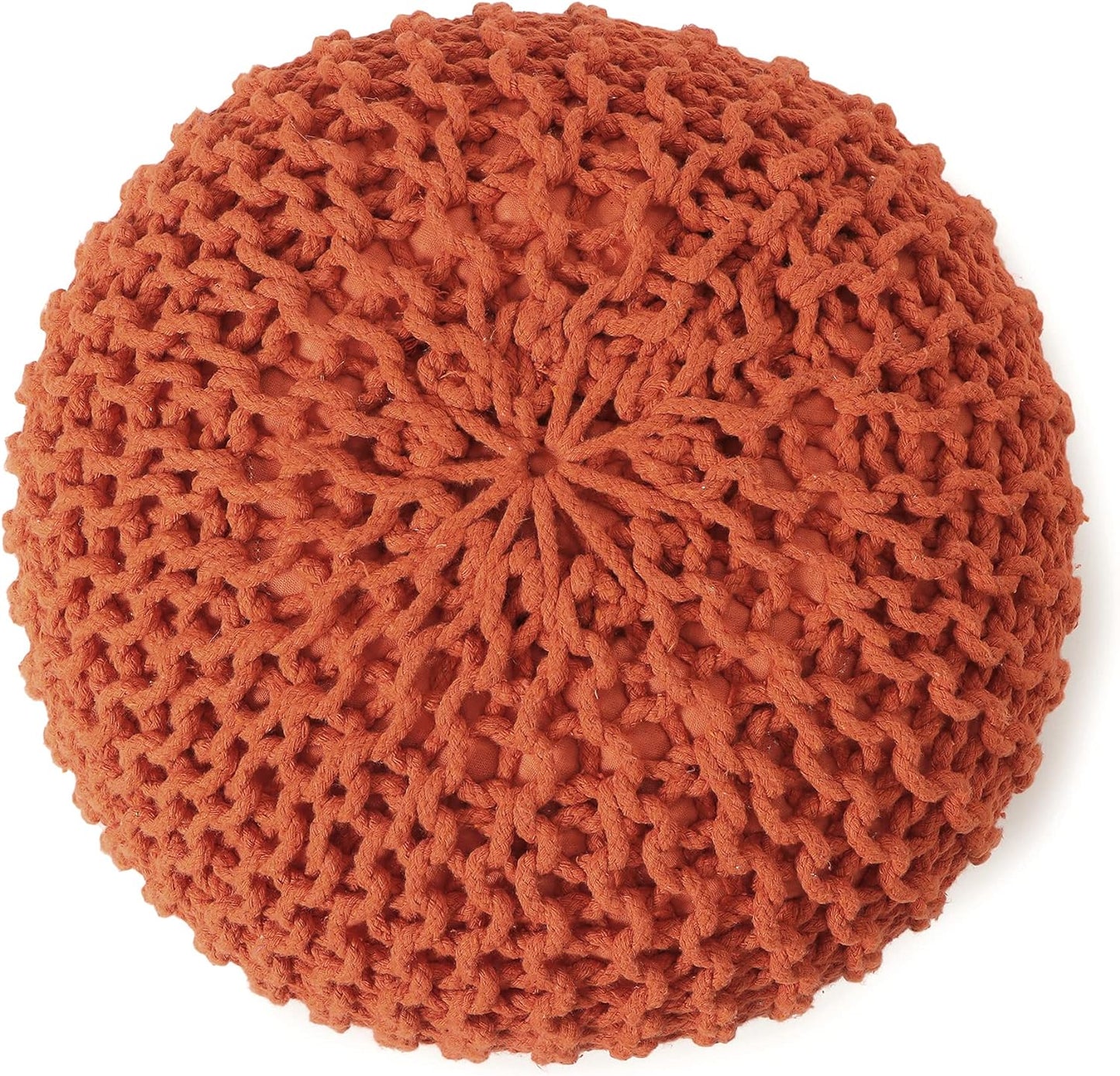 REDEARTH Round Pouf Ottoman - Hand Knitted Cable Boho Poof - Pouffe Circular Footrest for Living Room - Bedroom - Patio - 100% Cotton (19.5"x19.5"x14") - Burnt Orange