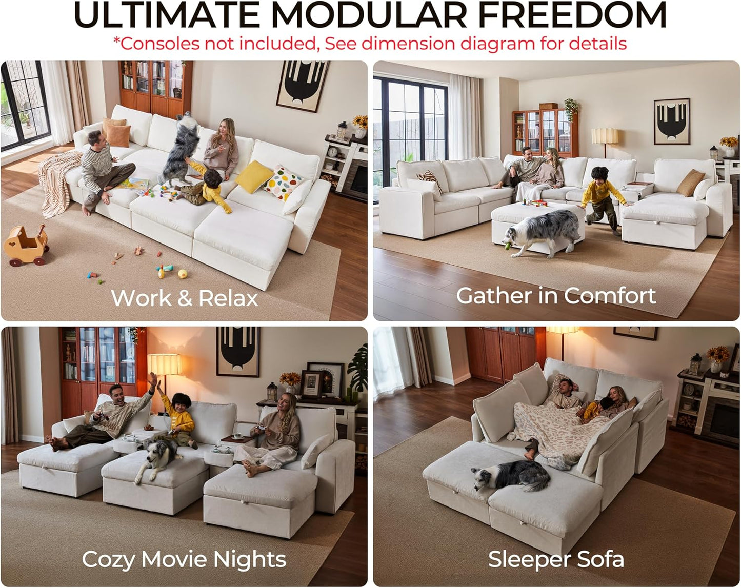 Oversized Modular Sofa Comfy Cloud Couch with Storage, Extra Deep Plush Sectional Sofa Set for Living Room, Covers Washable, Chenille, Olar (White, 8-Seater with Corner & 2 Ottomans, u-Shaped)