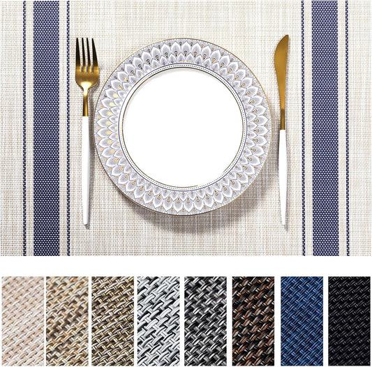 LEXMORE Placemats Set of 6 Vinyl/Plastic Woven Place Mats for Kitchen Table Indoor/Outdoor Washable Placemat Wipeable Dining Table Mats(Blue Skyline)