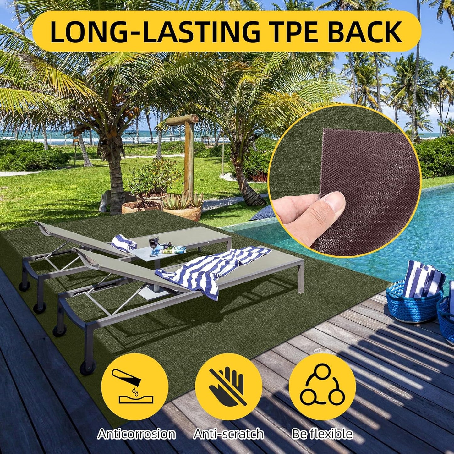 Marine Carpet,5 FT x 10 FT Olive Green Indoor Outdoor Carpet 0.2" Thick with Water-Proof TPE Backing, Non-Slide for Home, Patio, Porch, Deck