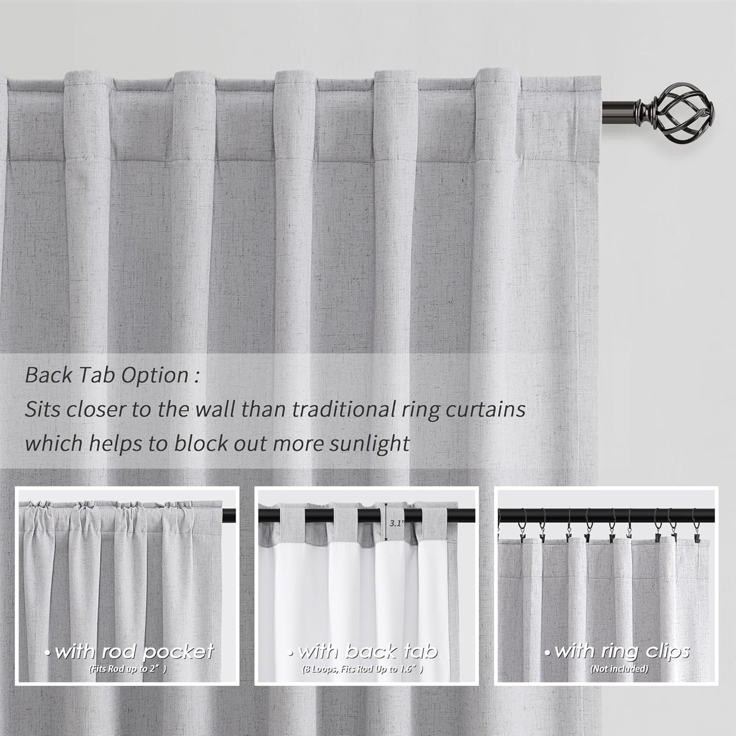 102 Inch Long Linen Curtains Full Blackout Light Grey Room Darkening Window Drapes 2 Panels Back Tab Black Out Noise Reducing Curtains for Modern Farmhouse Living Dining Room Bedroom Light Gray