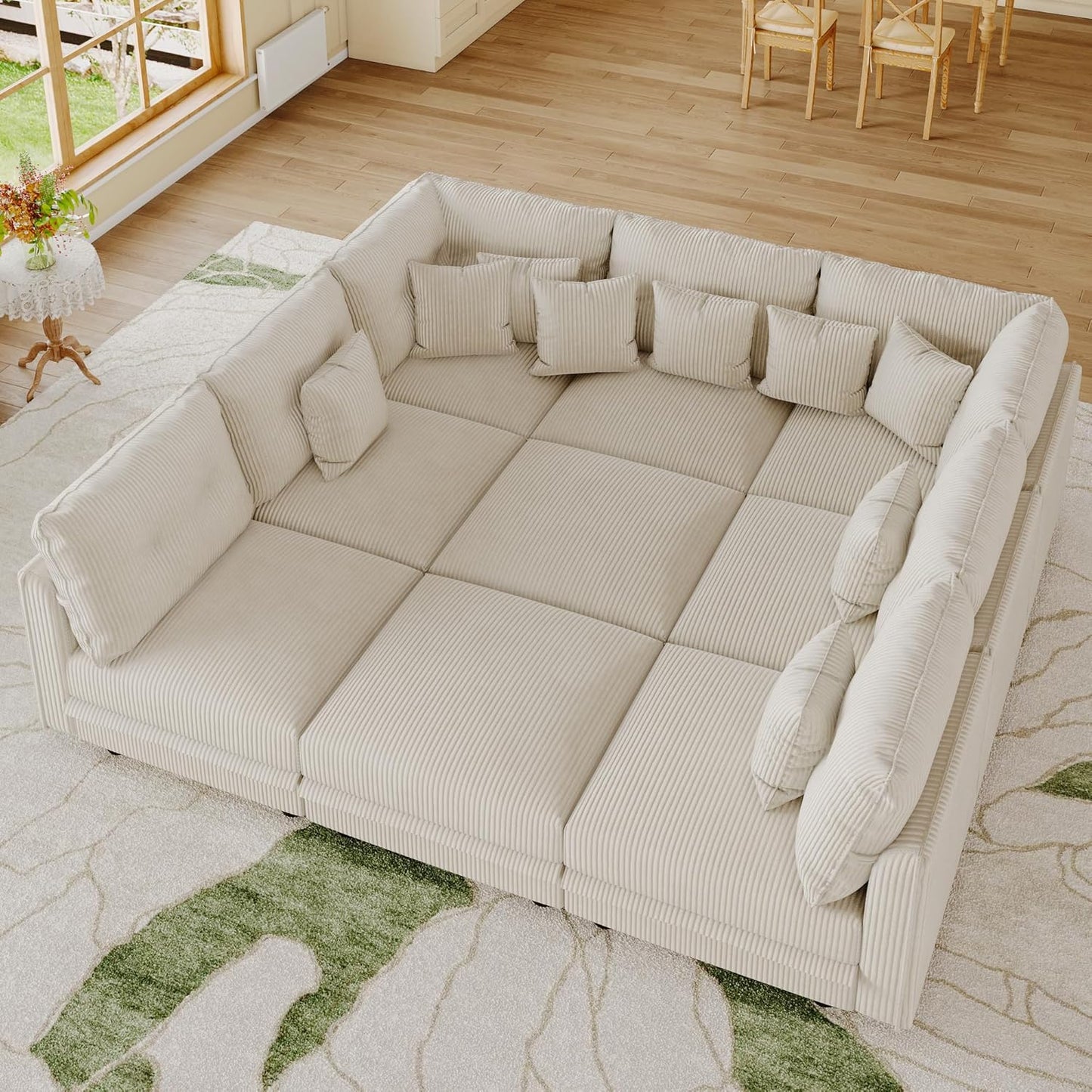 LLappuil Modular Sectional Sofa with Storage Seats, Corduroy Convertible Modular U Shaped Sectional Couch for Living Room, 9 Seat Oversized Sofa with 9 Back Cushion 9 Throw Pillow, Beige