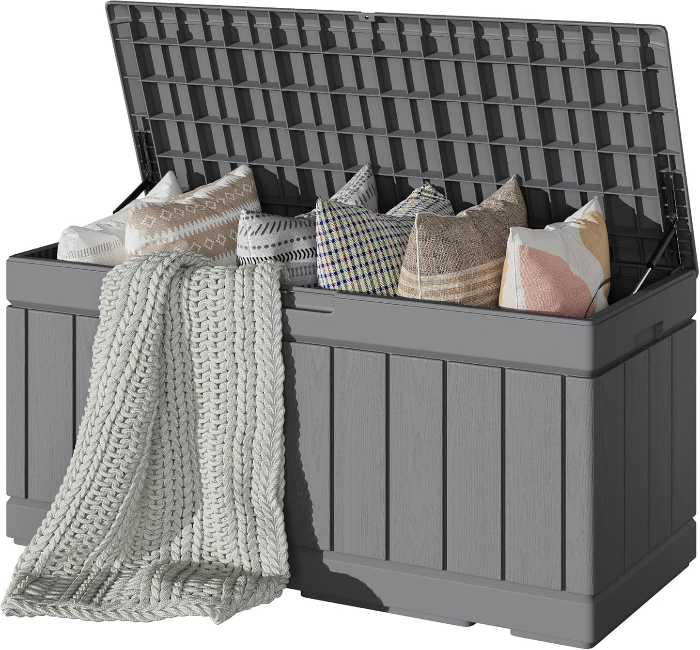 Devoko 80 Gallon Deck Box, Waterproof Resin Outdoor Storage Box for Outside and Patio, Outdoor Storage Bench Lockable for Patio Furniture, Garden Tools and Pool Supplies (Grey, 80 Gallon)