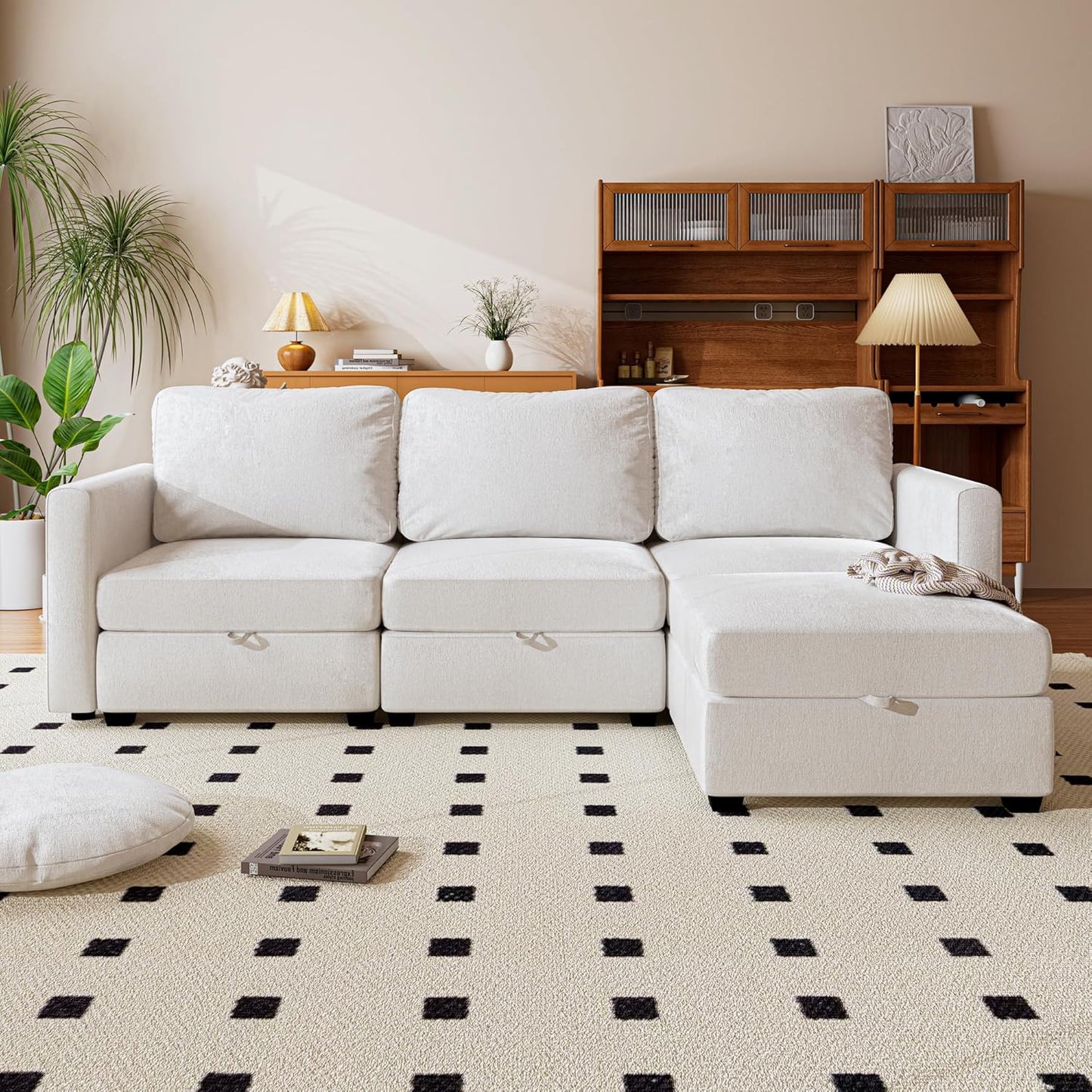 mestyl Modular Sectional Sofa Convertible L Shaped Sofa Couch Set with Storage for Living Room, Modern 3 Seater Modular Sectional Couch with Movable Ottoman (Beige)