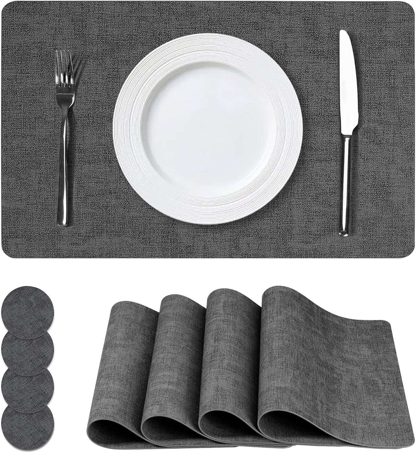 Vinyl Placemats Set of 4, Faux Leather Waterproof and Heat Resistant Place Mats, Washable Anti-Slip Table Mats with Coaster, Wipeable Placemats for Indoor & Outdoor 17" x 12" (Black, Set of 4)