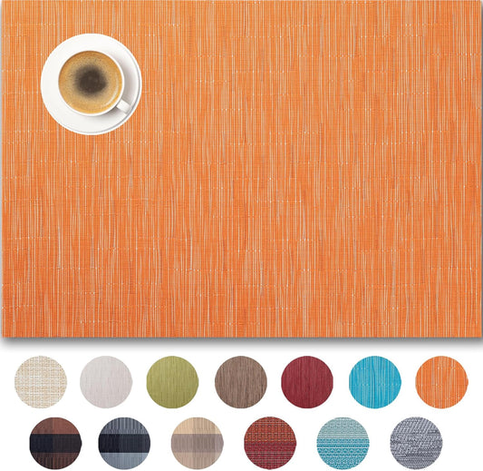 Placemats Set of 6 - Easy Clean Woven Vinyl Placemats for Dining Table, Indoor/Outdoor Place Mats, Washable PVC Table Mats （Orange）