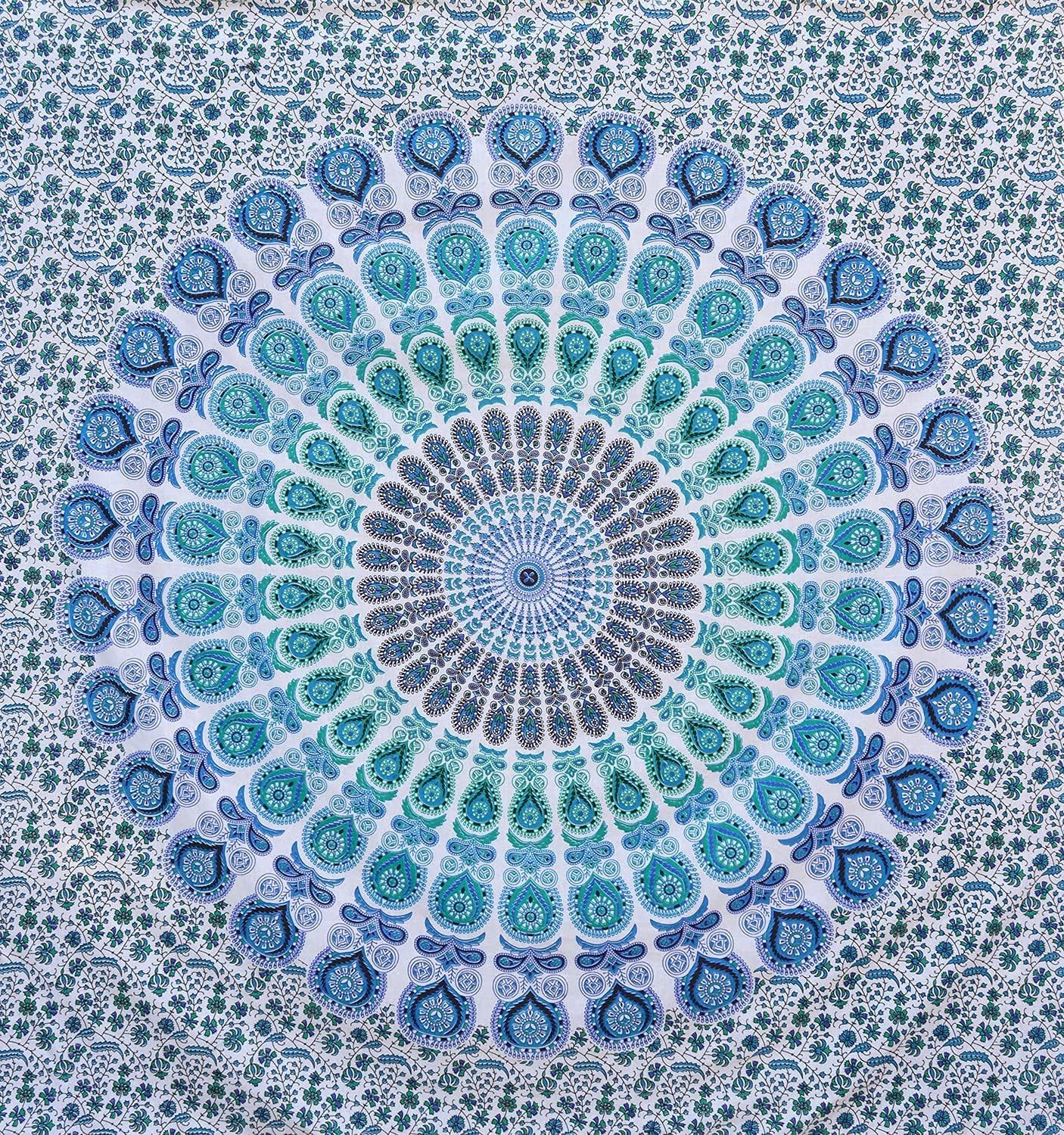 Bless International Handmade Indian hippie Bohemian Psychedelic Peacock Mandala Wall hanging College Dorm Beach Throws Table Cloth Bedding Tapestry (Peacock Sky Blue, Queen(84x90Inches)(215x230Cms))
