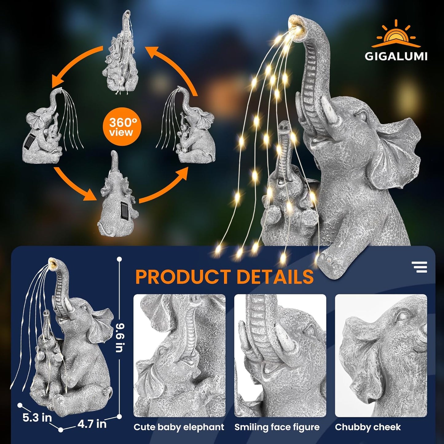 GIGALUMI Solar Garden Outdoor Statues for Women, Mom, Grandma. Elephant Figurine Housewarming and Birthday Gifts Outdoor Statue Light Decor Ornament for Backyard, Patio, Balcony, Lawn, Pond